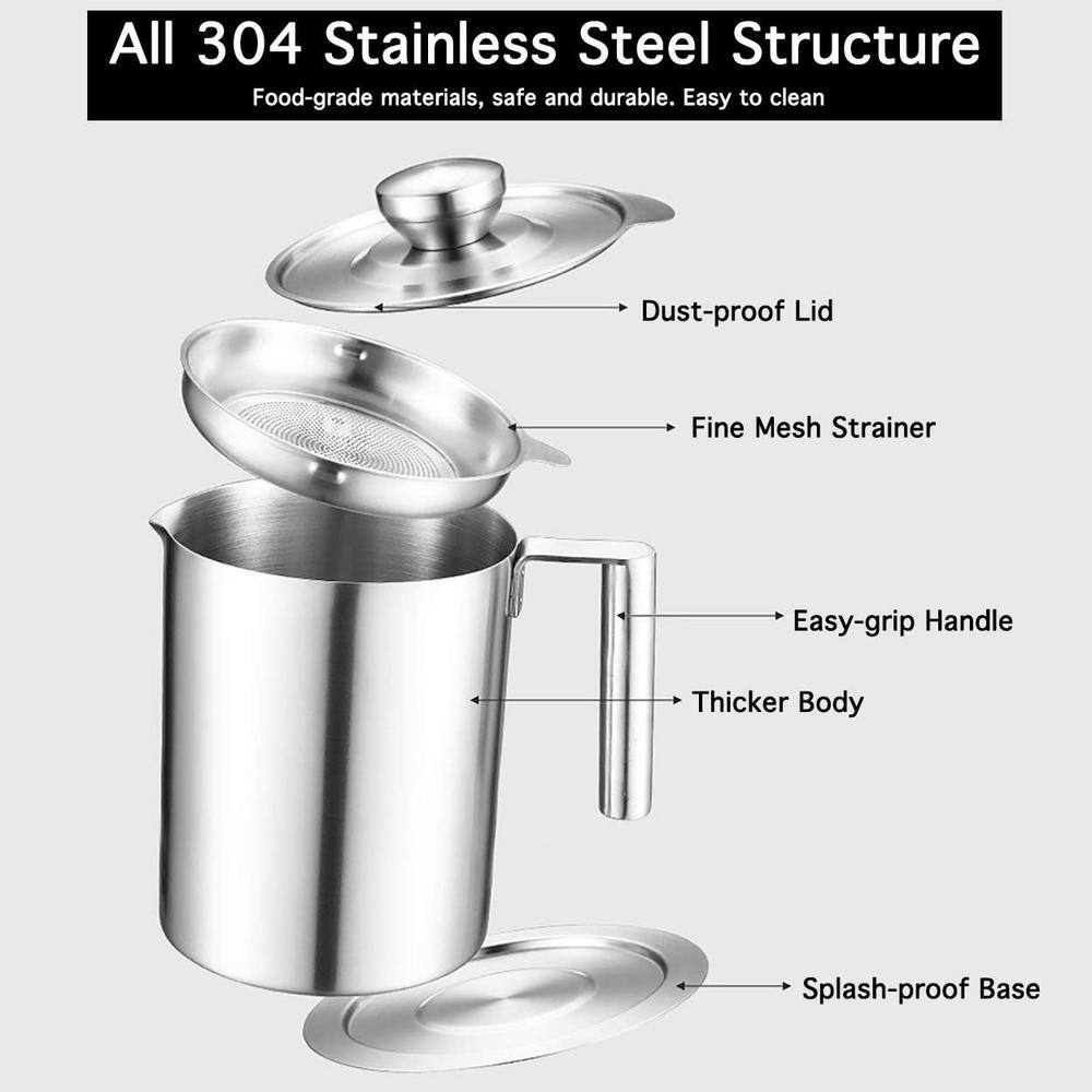 1.8 L/1.9 qt. Stainless Steel Grease Strainer  and  Container with Dust-Proof Lid  and  Easy Grip Handle in Silver - Hercitys