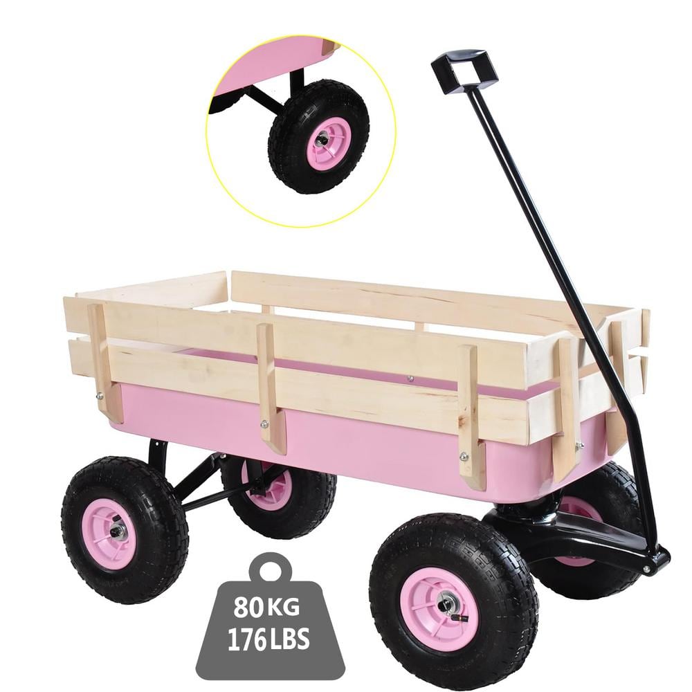3 cu. ft. Outdoor Steel Frame Pink 10 in. Pneumatic Tires Wagon All Terrain Pull with Removable Side Panels Garden Cart - Hercitys
