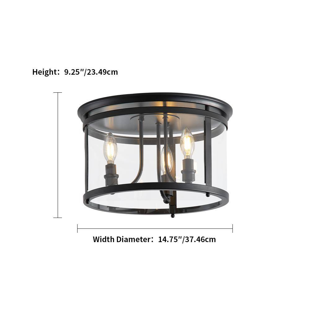 14.37 in. 3-Light Industrial Black Flush Mount Modern Ceiling Lighting Fixture with Clear Glass Shade - Hercitys