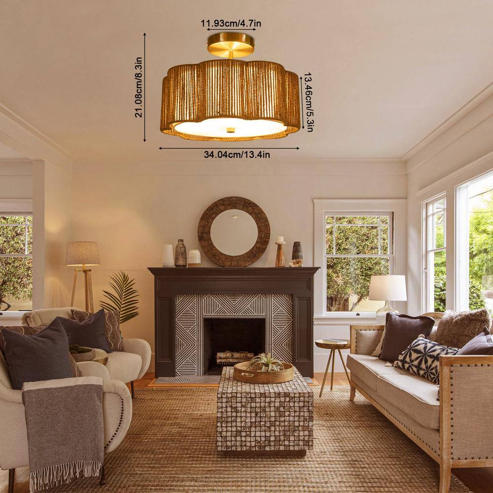 13.4 in. 3-Light Gold Rustic Semi-Flush Mount Ceiling Light with Woven Rattan Shade and No Bulbs Included - Hercitys