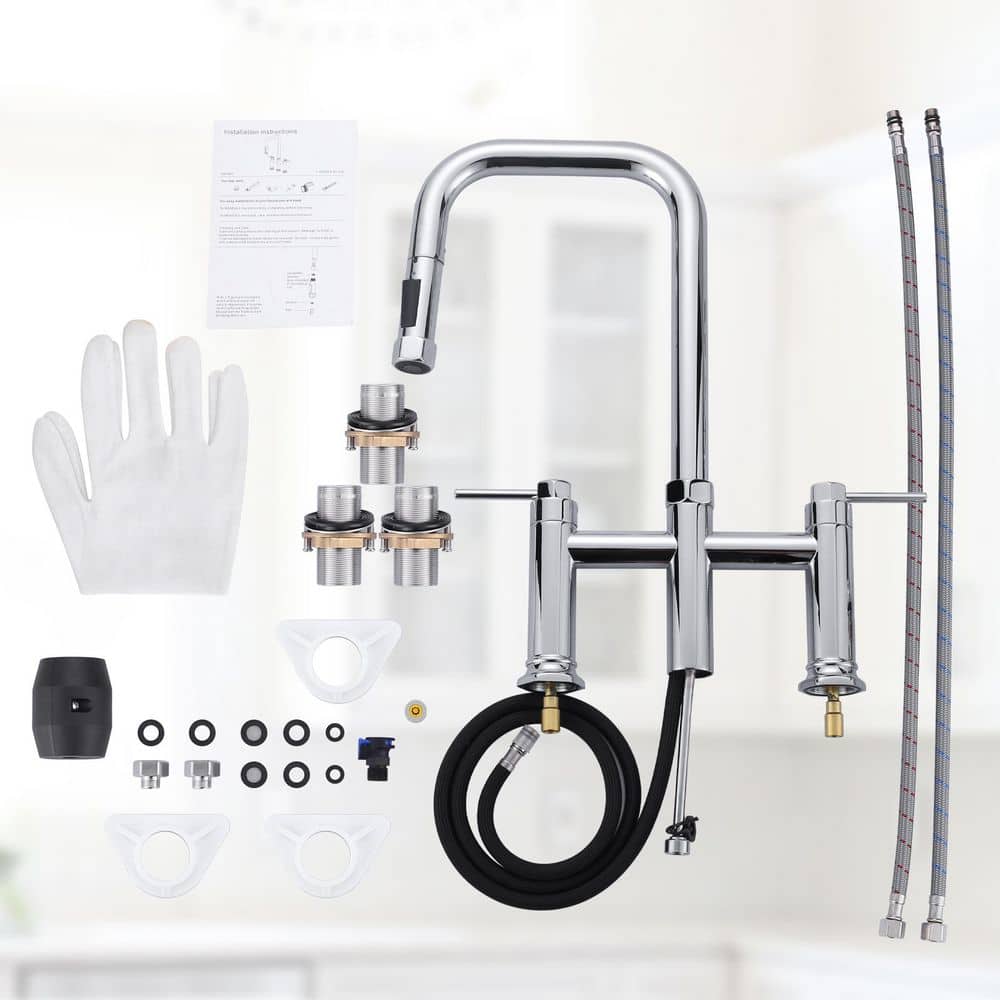 3 Holes Double Handle Brass Bridge Kitchen Faucet with Pull Down Sprayer and Supply Lines in Polished Chrome - Hercitys