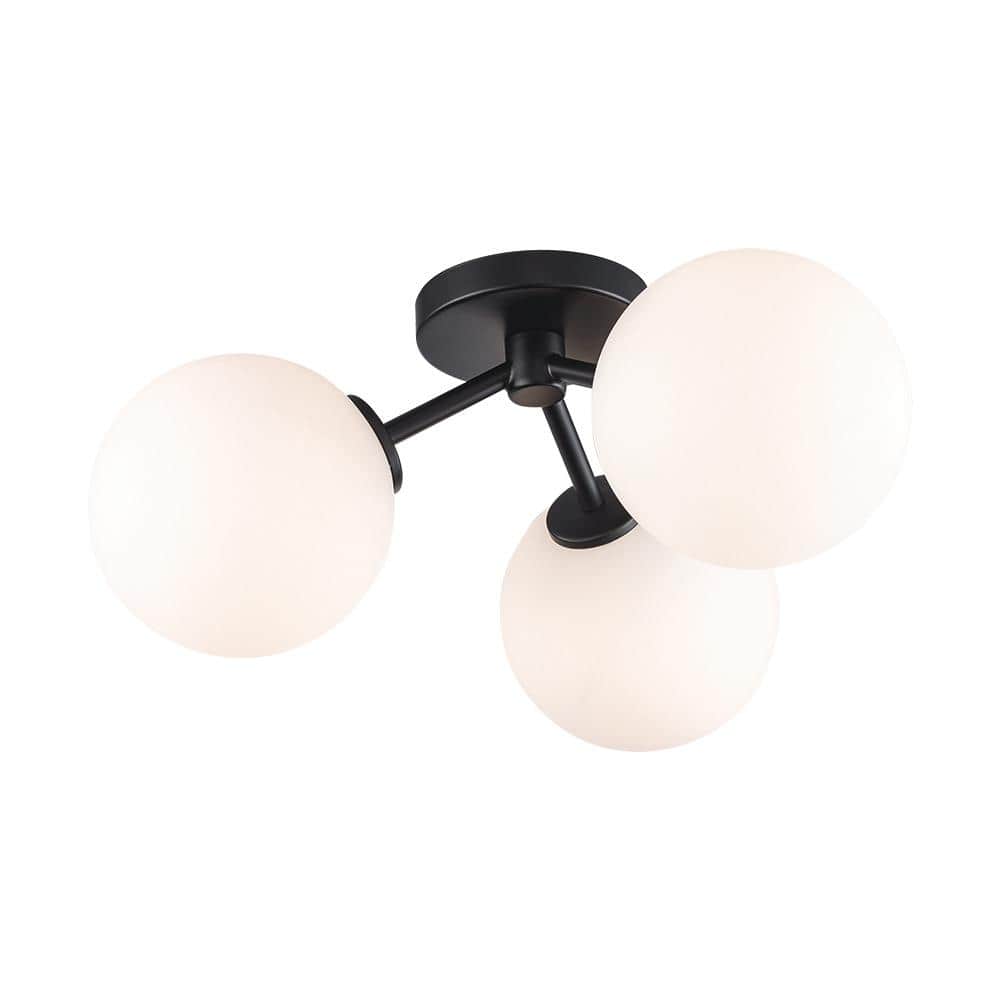 17.63 in. 3-Light Black Flush Mount Ceiling Light with Opal Glass Globe Shades - Hercitys
