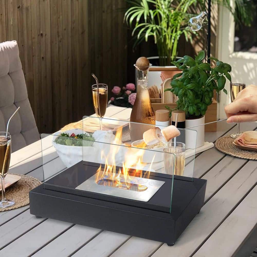 13.98 in. W x 8 in. H Outdoor Portable Smokeless Bio Ethanol Black Fireplace with Realistic Burning - Hercitys