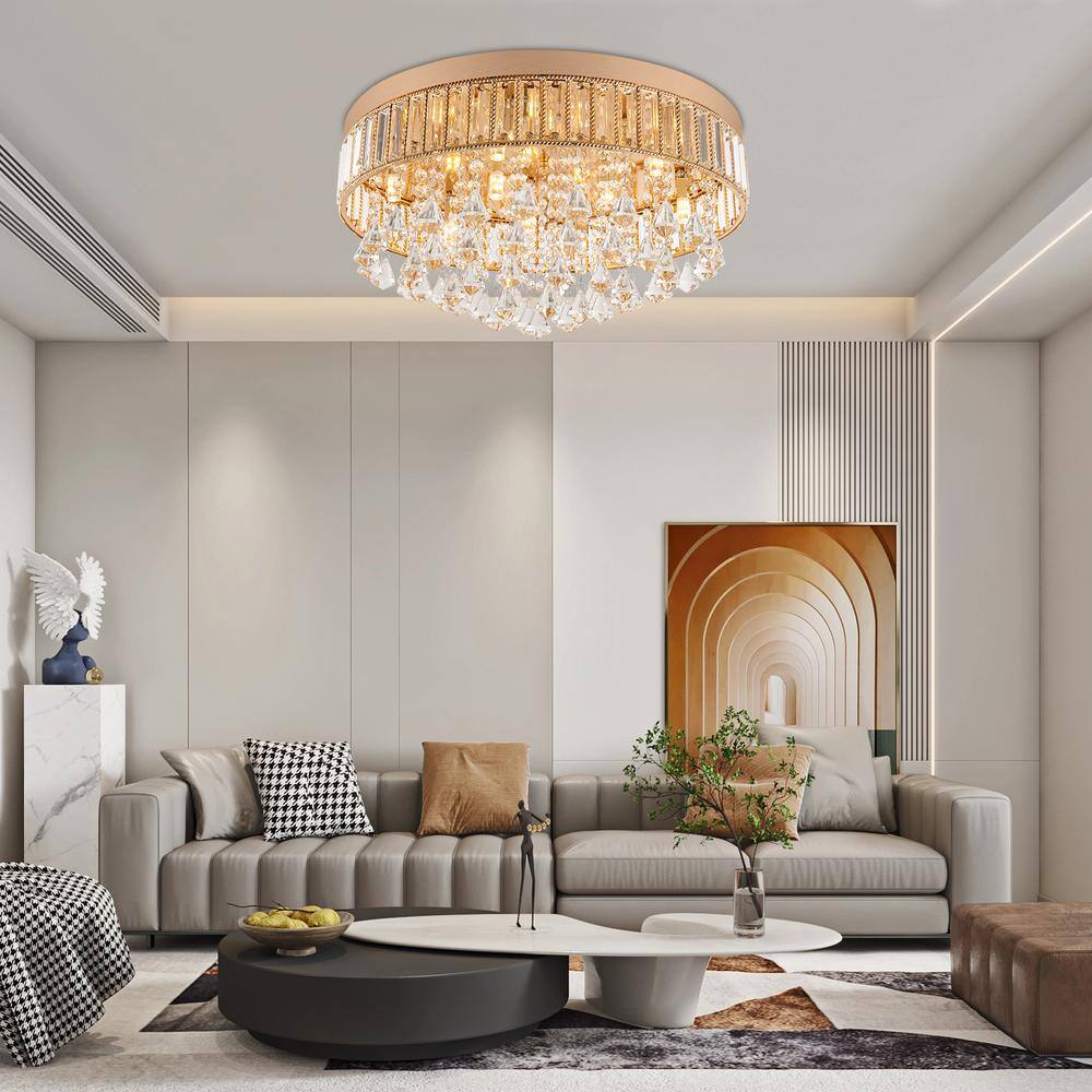 19.68 in. 9-Light Gold Modern Round Flush Mount Ceiling Light with Clear Crystal Shade and No Bulbs Included - Hercitys