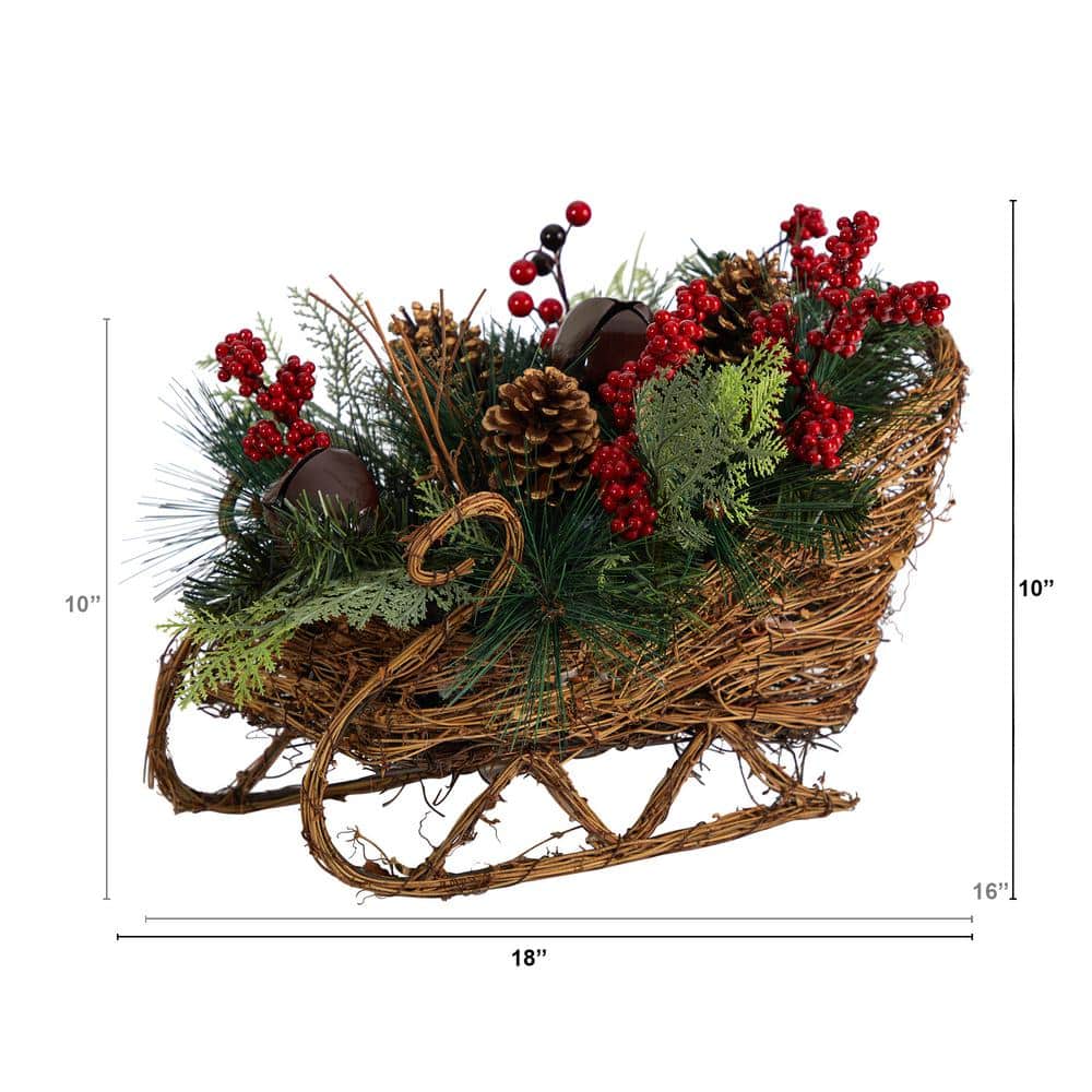 18 in. Unlit Christmas Sleigh with Pine, Pinecones and Berries Artificial Christmas Arrangement - Hercitys