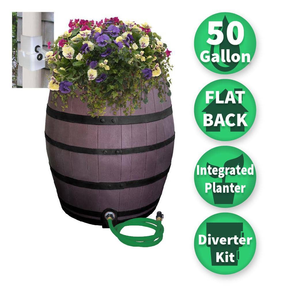 50 Gal. Brown Flat Back Whiskey Rain Barrel with Integrated Planter and Diverter System with Black Accent Bands - Hercitys