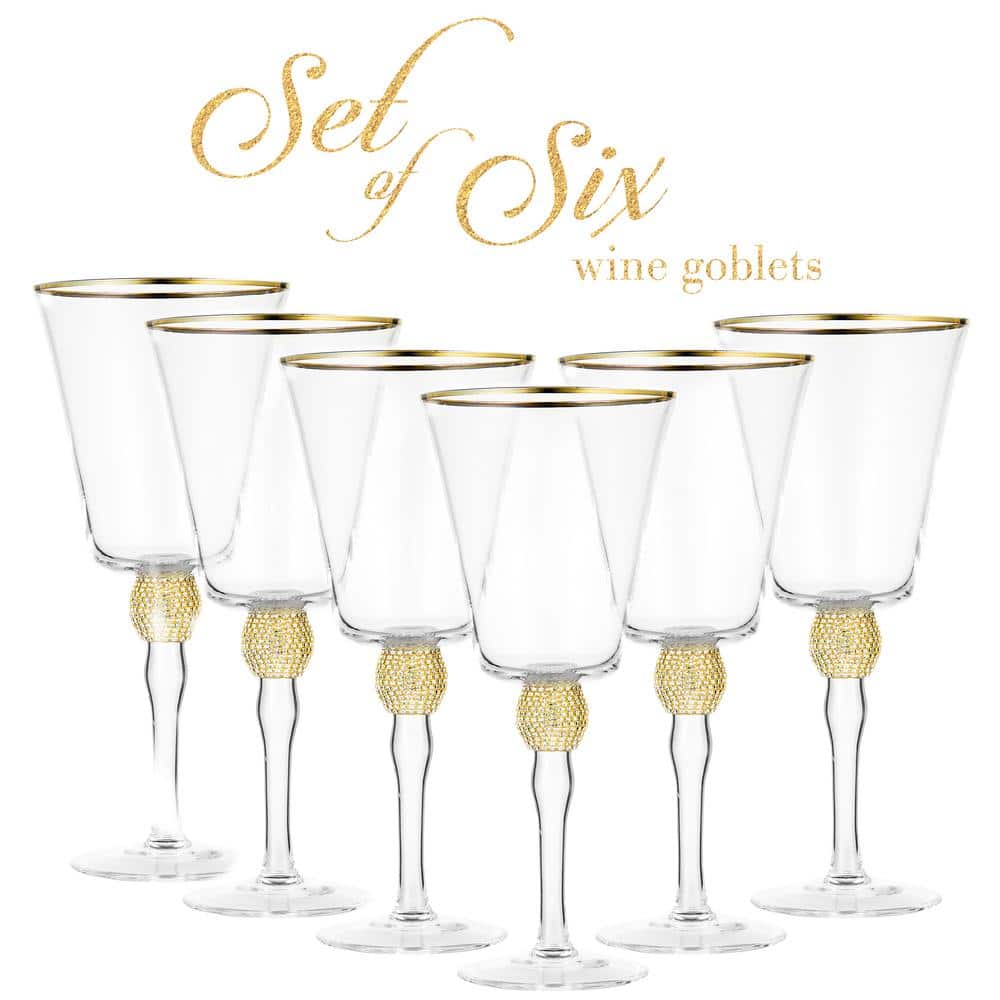 14.7 oz. Wine Glass with Rhinestone Design and Gold Rim,  (Set of 6) - Hercitys