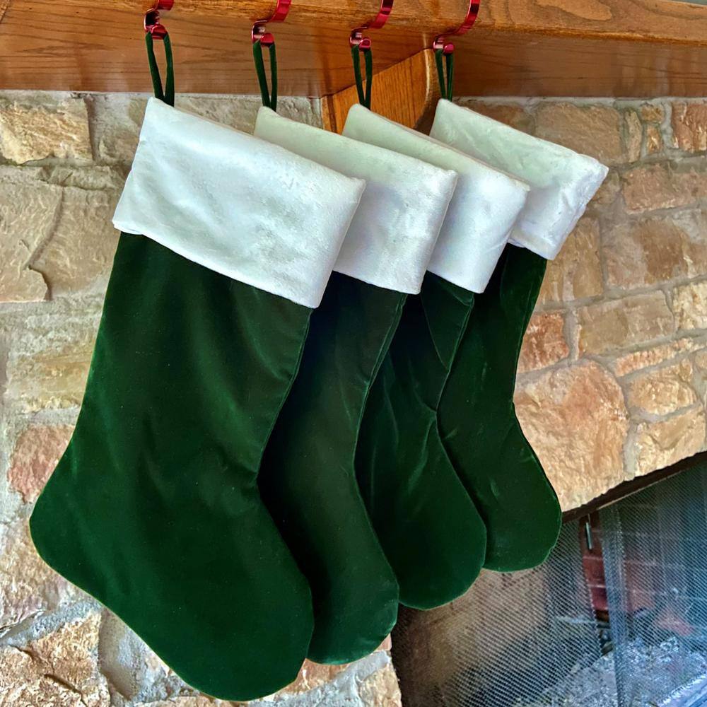 20 in. Green Velveteen Polyester Christmas Stocking with White Plush Cuff - Hercitys