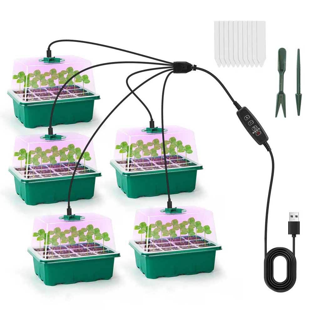 1-Set Seed Starter Tray With Grow Light Humidity Dome Germination Kit 5-Level Brightness 4 Timers (5Pcs Trays) - Hercitys