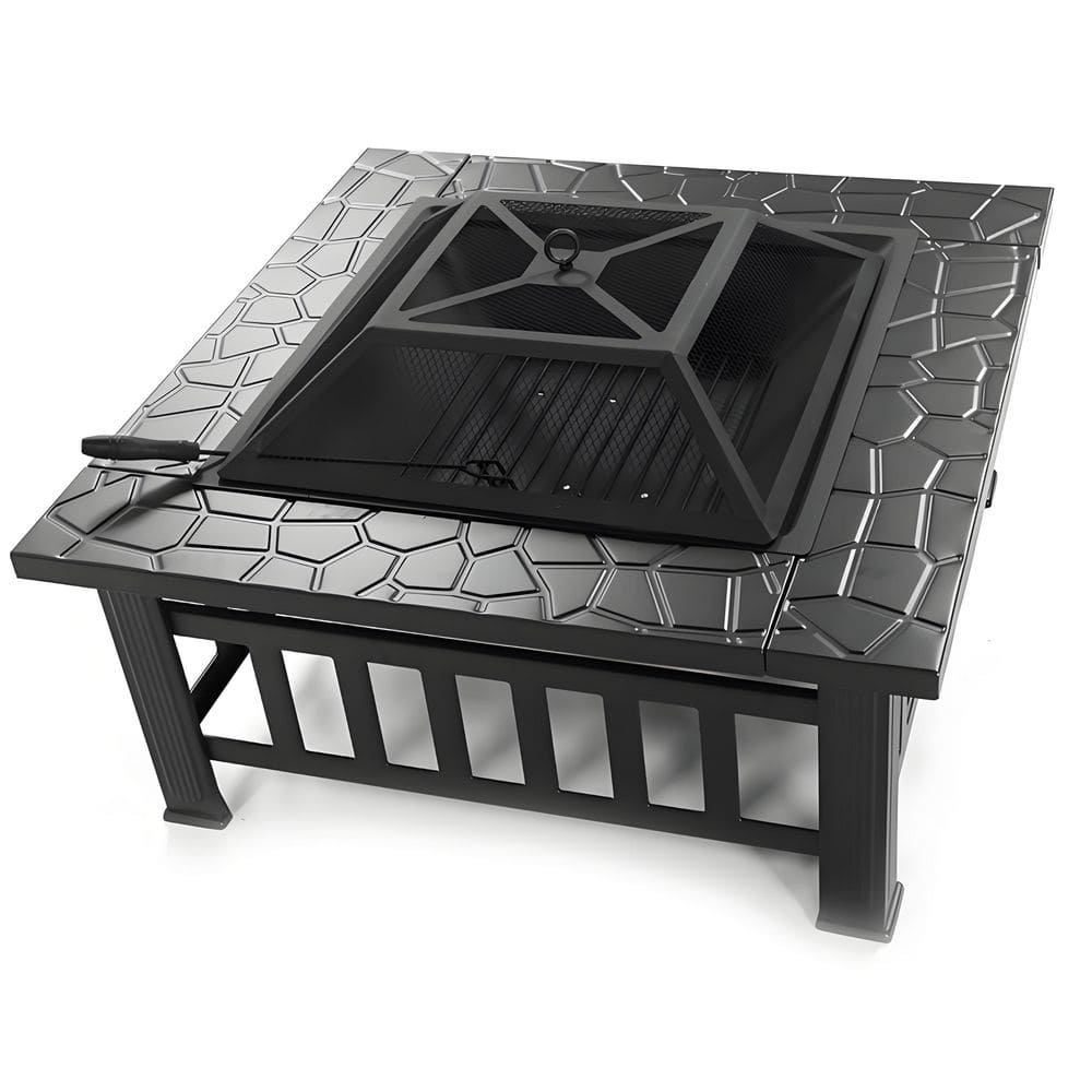 32 in. Square Metal Fire Pit Table with Steel Construction in Black, Outdoor Firepit Stove with Flame Cut-out Pattern - Hercitys