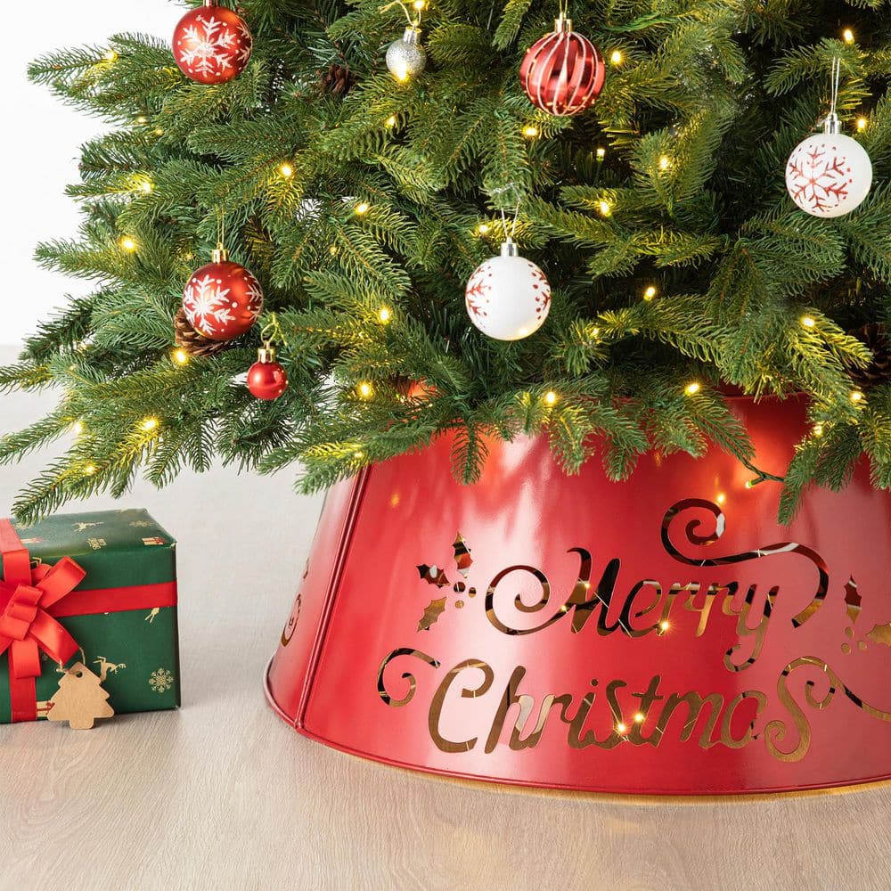 26 in. Dia Merry Christmas Diecut Metal Tree Collar with Light String(KD) - Hercitys