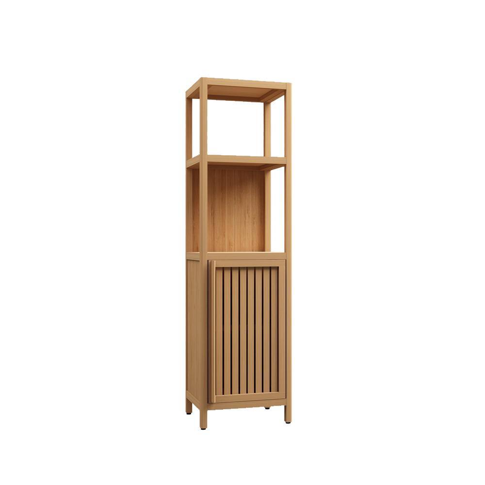 14 in. W x 13 in. D x 52 in. H in Natural Bamboo Ready to Assemble Floor Bathroom Storage Cabinet with 2 Open Shelves - Hercitys