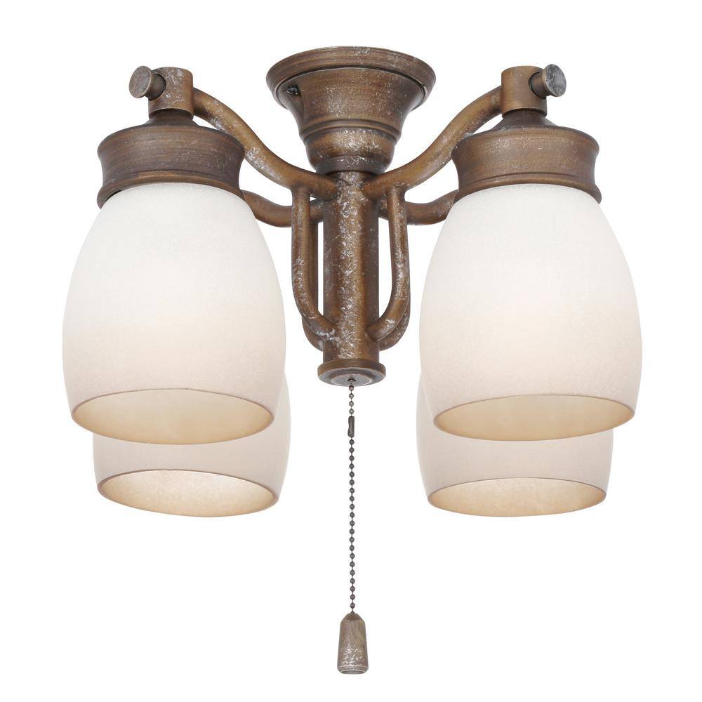 4-Light Aged Bronze Ceiling Fan Fixture with Tea Stain Glass - Hercitys