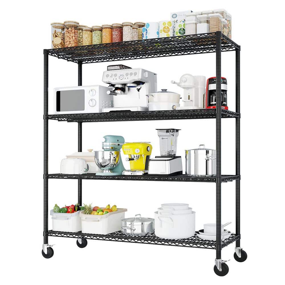 4-Tiers Steel Adjustable Garage Storage Shelving Unit in Black with Wheels 55.12 in. W x 75.59 in. H x 23.62 in. D - Hercitys