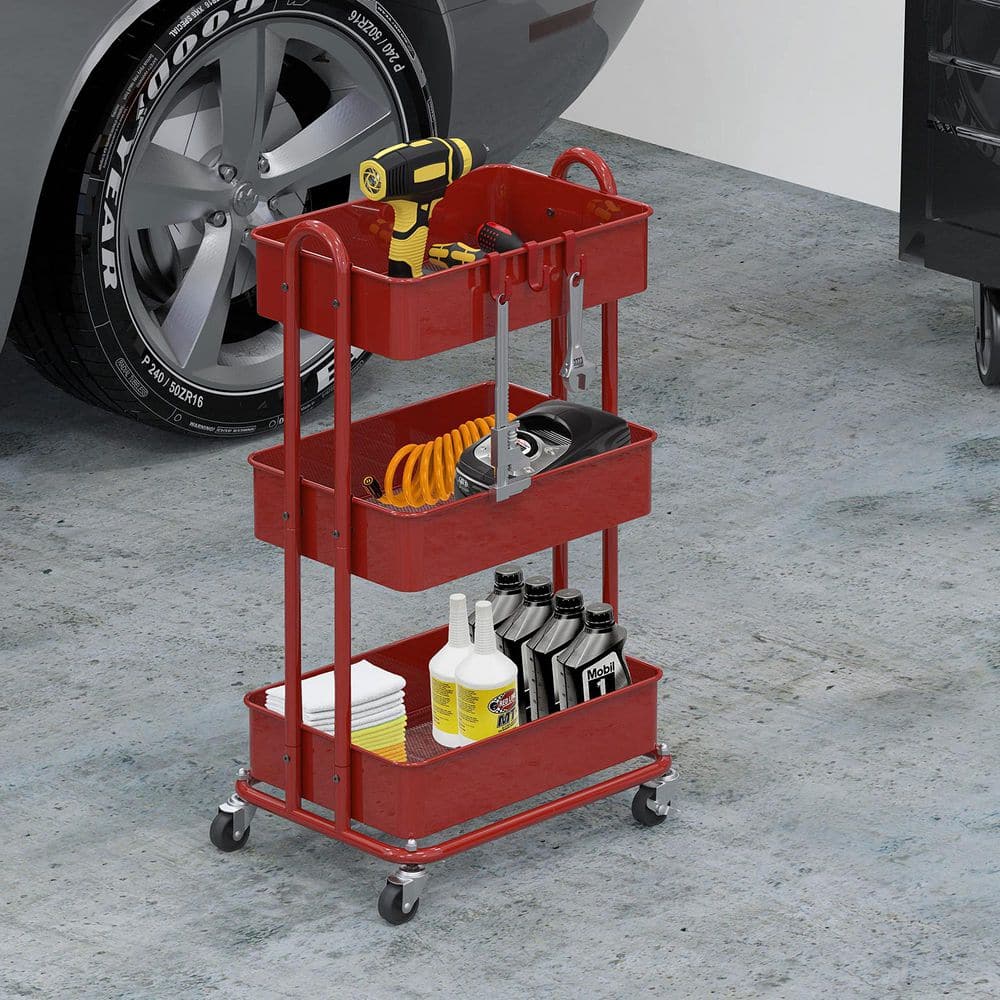 3-Tier Metal -Wheeled Utility Cart in Red - Hercitys