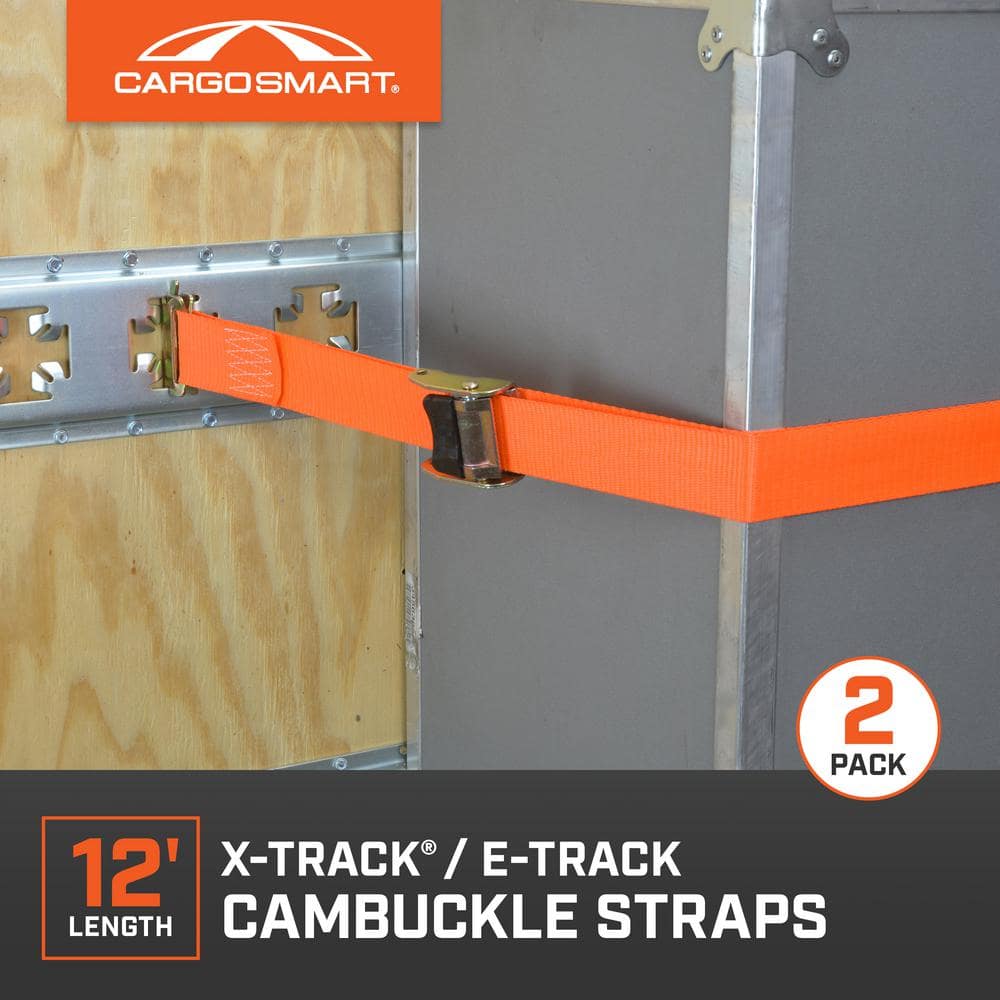 2 in. x 12 ft. 2000 lbs. Orange Cambuckle Ratchet Strap for X-Track/E-Track Systems (2-Pack) - Hercitys