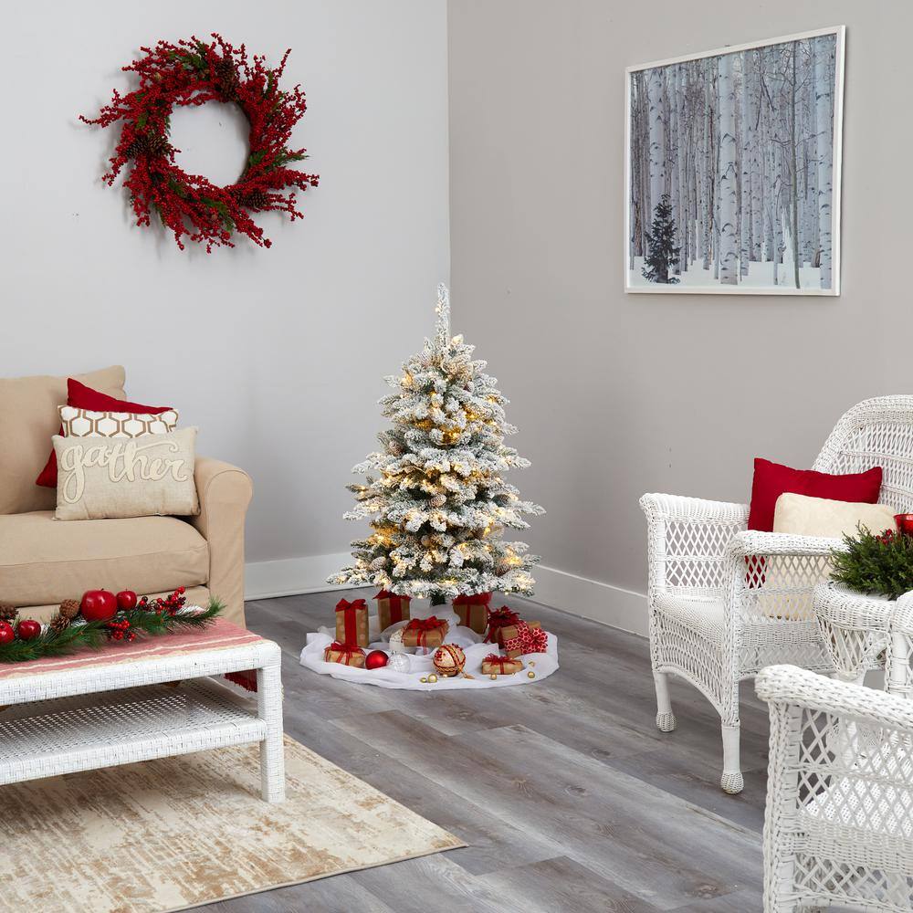 4 ft. Pre-Lit Flocked Livingston Fir Artificial Christmas Tree with Pine Cones and 150 Clear Warm LED Lights - Hercitys