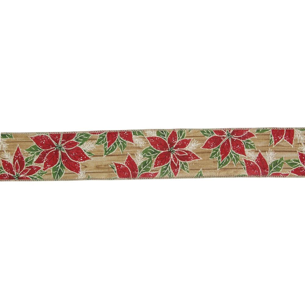 2.5 in. x 16 yds. Red and Green Poinsettia Wood Planks Christmas Wired Ribbon - Hercitys