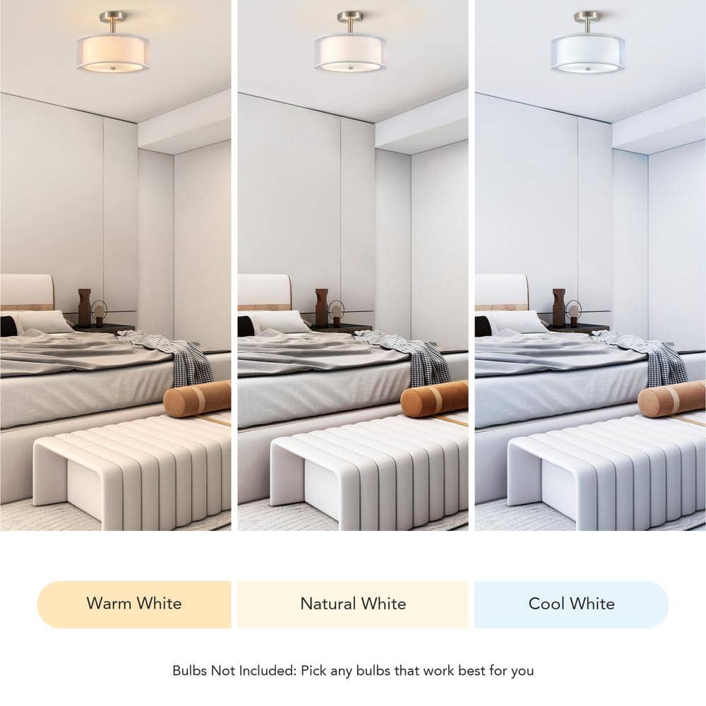 13 in. 3-Light White Semi-Flush Mount Ceiling Light Fixture Drum Light Fixture with 2-Layer Fabric Shade - Hercitys