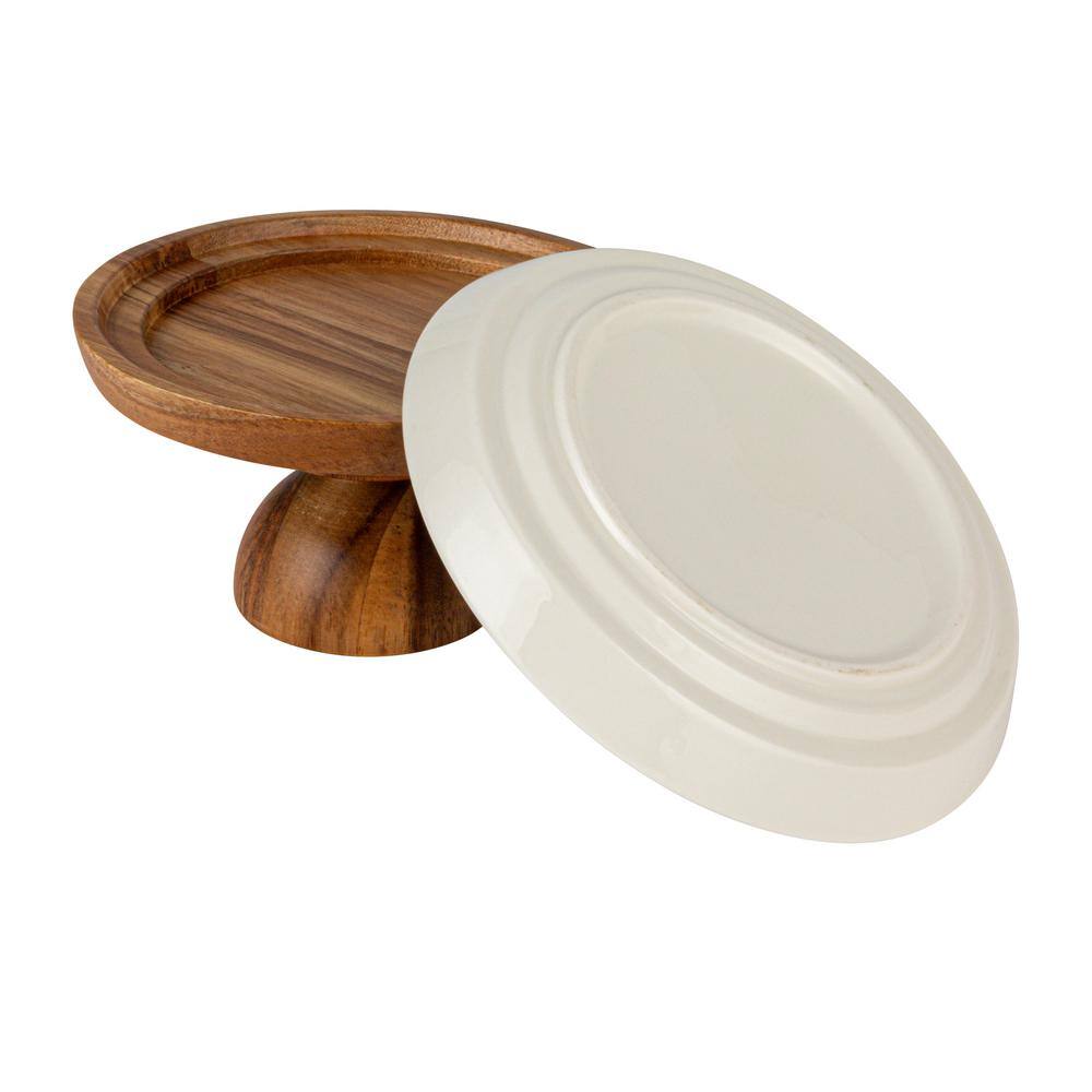 1-Tier White and Brown Round Acacia Wood-Enhanced Stoneware Cake Stand (Set of 2) - Hercitys