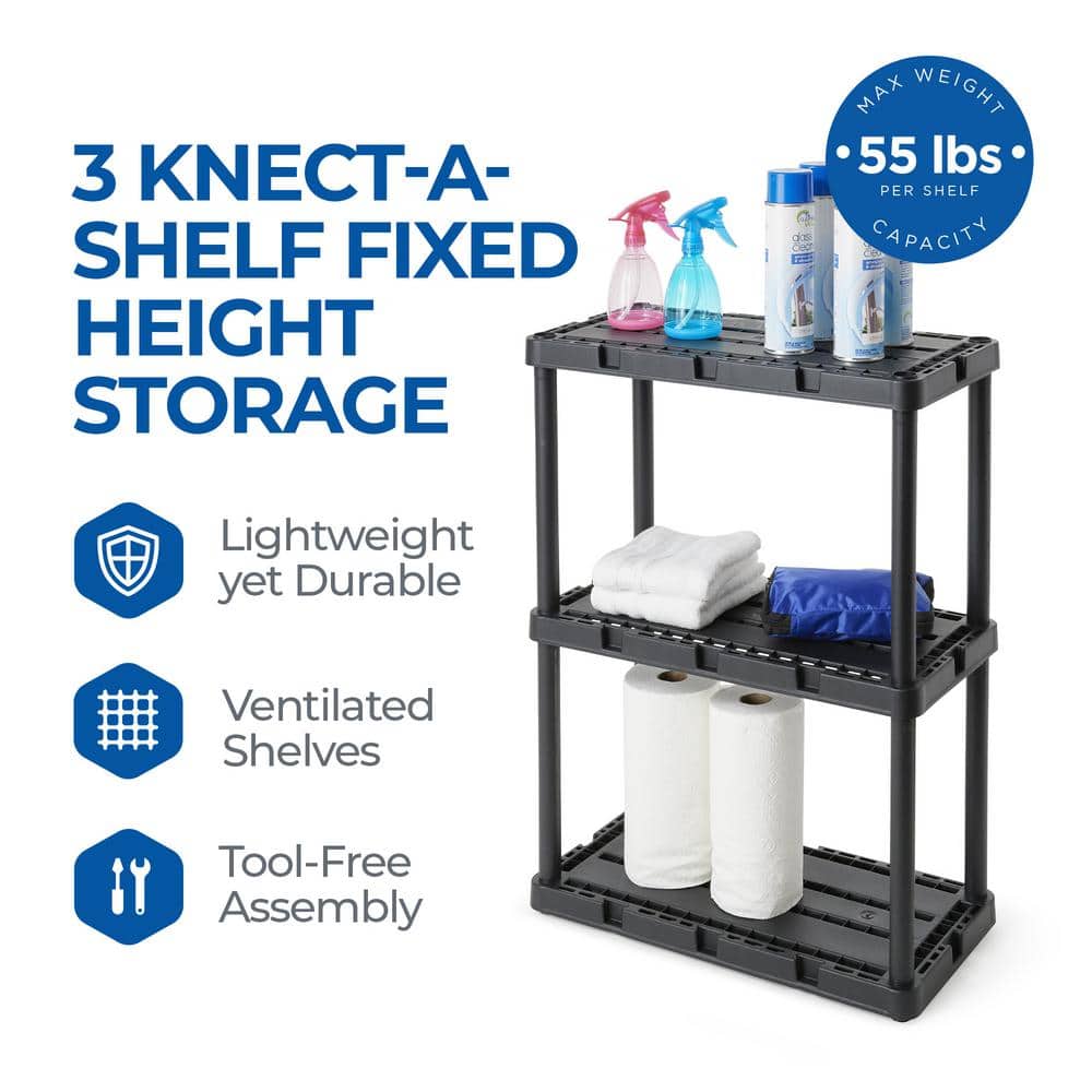 3 Shelf Knect-A-Shelf Solid Light Duty Storage Unit, W 12 in. x H 33 in. x D 24 in., Resin Frame Material, Black 3 Pack - Hercitys