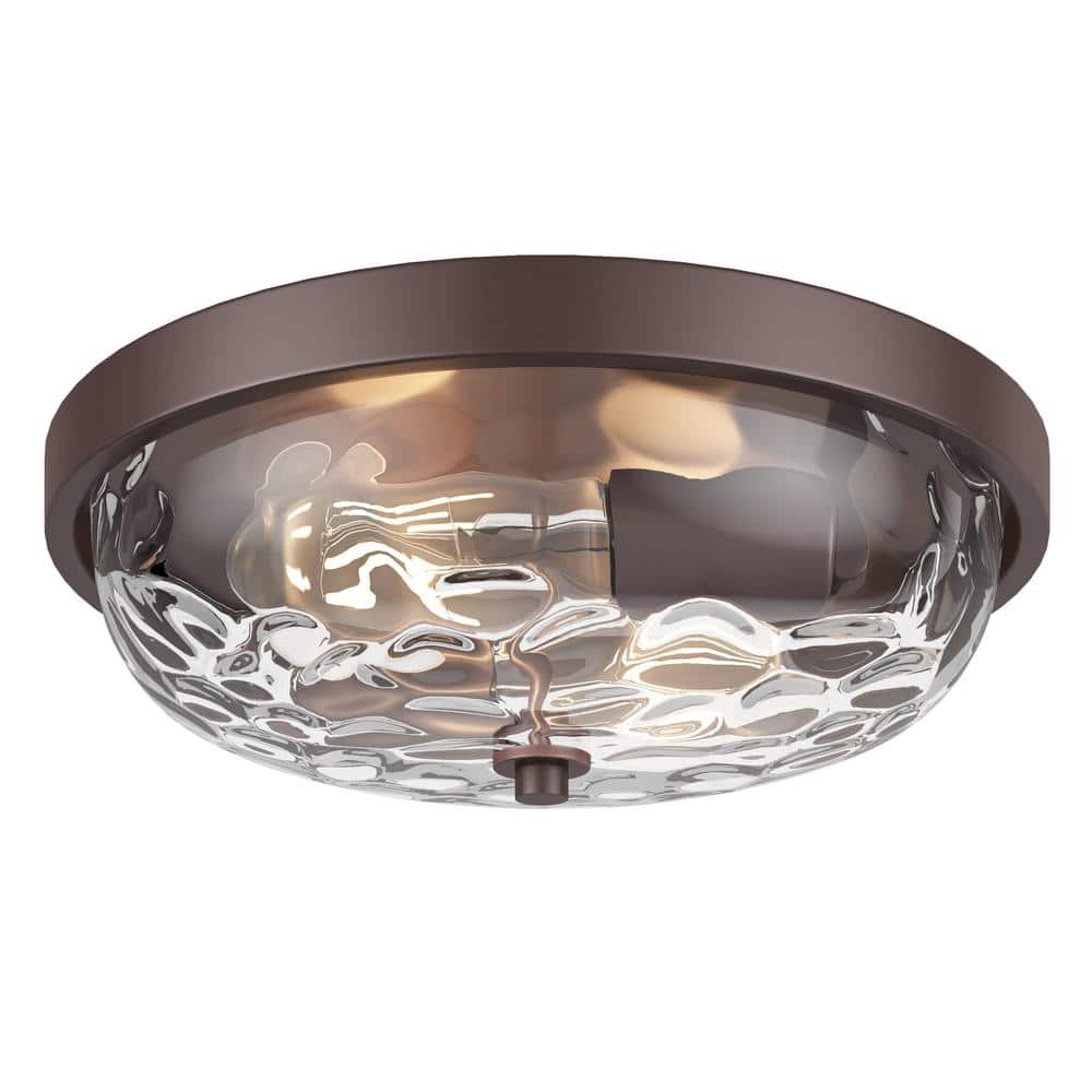 12.99 in. 2-Light Farmhouse Oil Rubbed Bronze Flush Mount Ceiling Light Fixture with Water Ripple Glass Shade - Hercitys
