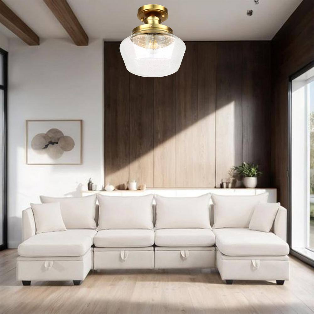 10 in. 1-Light Gold Semi Flush Mount Farmhouse Ceiling Light Fixture with Seeded Glass Shade E26 Bulb Base Ceiling Light - Hercitys