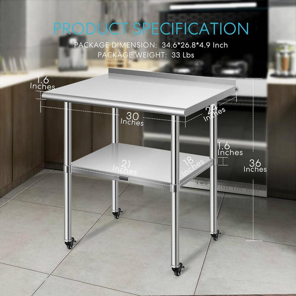 24 in. x 30 in. Stainless Steel Kitchen Utility Table with Backsplash and Wheels - Hercitys
