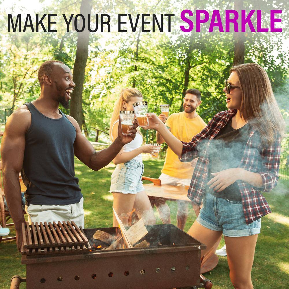 14 oz. 2 Line Gold Rim Gold Glitter Disposable Plastic Cups, Party, Cold Drinks, (100/Pack) - Hercitys