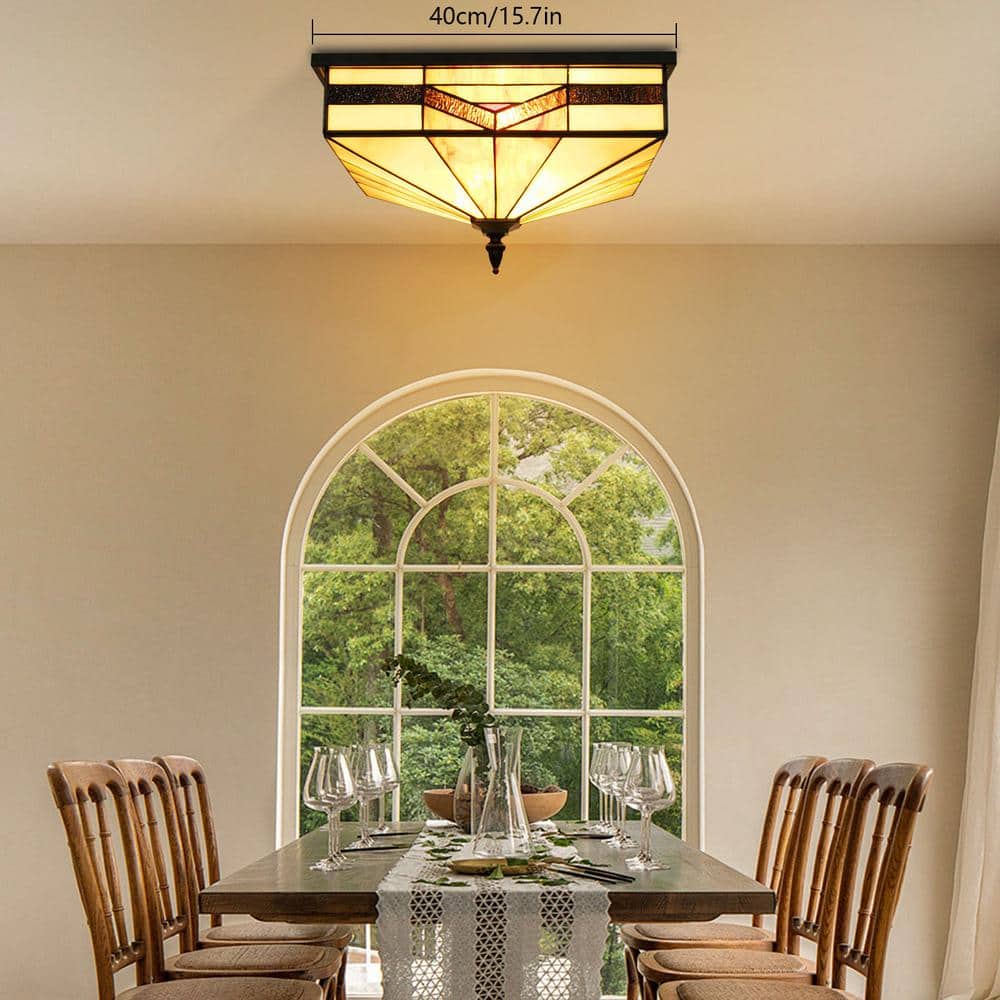 15.7 in. 4-Light Black Vintage Square Flush Mount Ceiling Light with Multicolored Glass Shade and No Bulbs Included - Hercitys