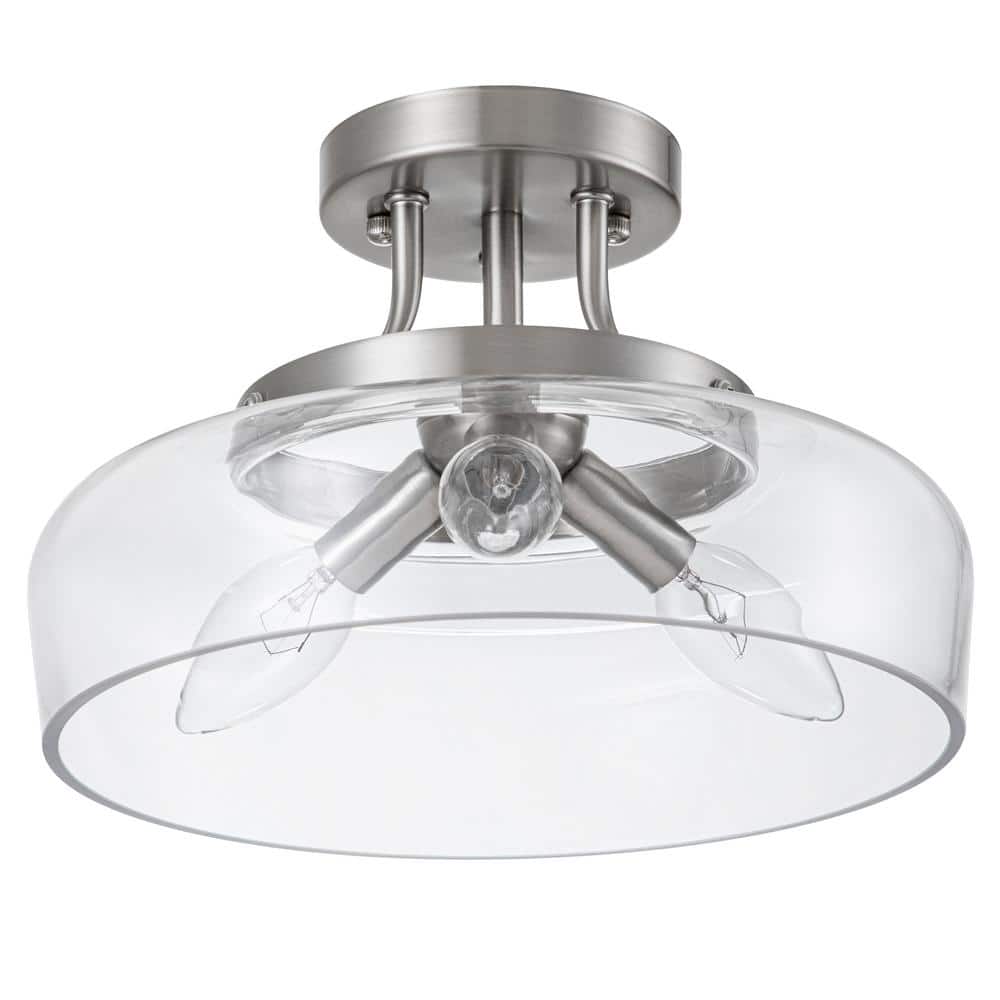 11 in. 3-Light Satin Nickel Transitional Semi-Flush Mount with Clear Glass Shade and No Bulbs Included - Hercitys