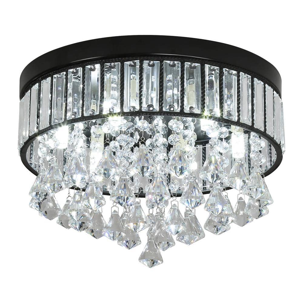 13.77 in. 6-Light Black Modern Round Flush Mount Ceiling Light with Clear Crystal Shade and No Bulbs Included - Hercitys