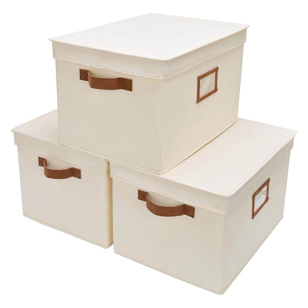 35 Qt. Fabric Storage Bin with Lid in Ivory (3-Pack) - Hercitys