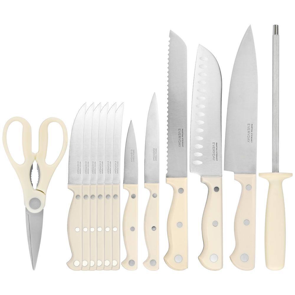 14 Piece Stainless Steel Cutlery and Wood Block Set in Linen - Hercitys