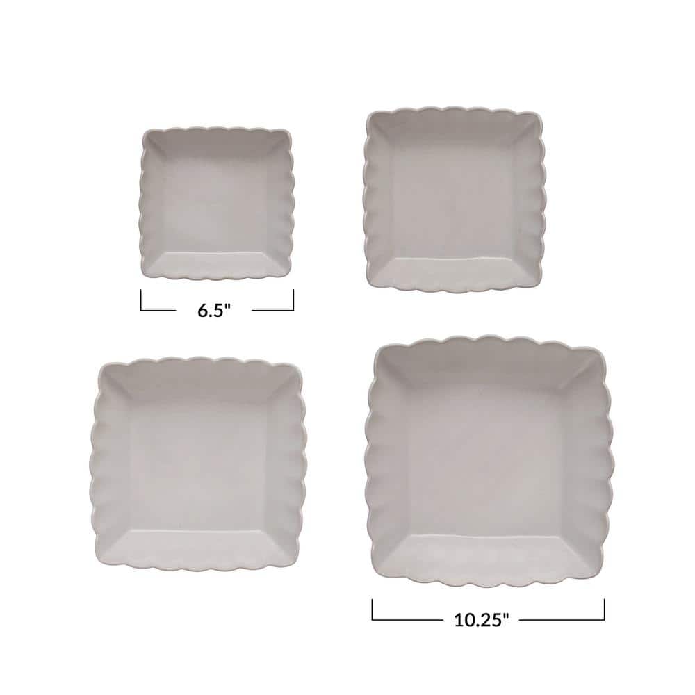 10.37 in. 65 fl.oz Matte White Square Stoneware Serving Bowls with Scalloped Edge (Set of 4) - Hercitys