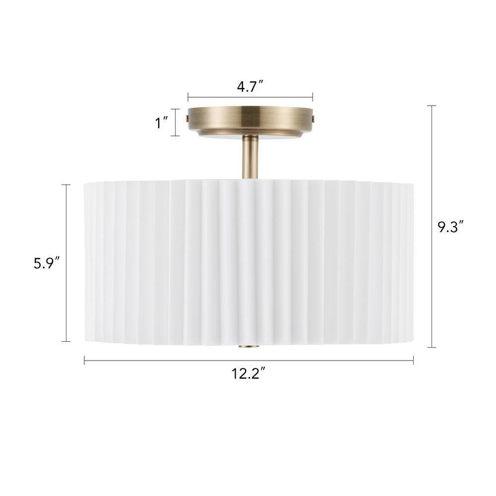 13 in. 2-Light Gold Semi Flush Mount with Pleated Drum Shade - Hercitys