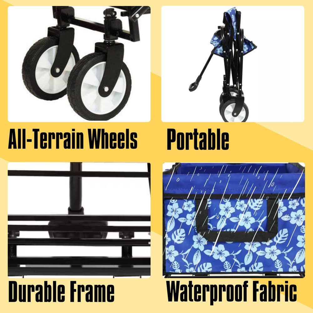 2 cu. ft. Steel Frame Outdoor Garden Cart Waterproof Fabric Folding Wagon with fixed belt, Blue Flower Texture - Hercitys