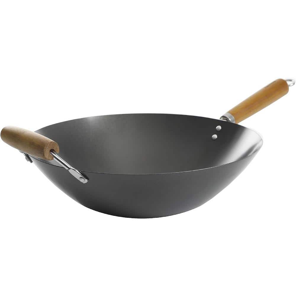 14 in. Black Heavy-Gauge Carbon Steel for Any Type of Cooktop Flat Bottom Wok with Wood Handle that Resist Heat - Hercitys