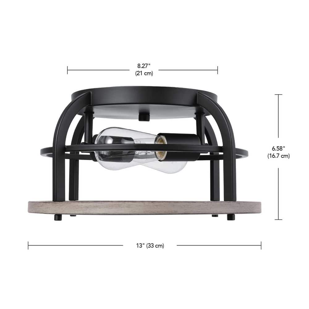13 in. 2-Light Matte Black Flush Mount Ceiling Light with Faux Wood Accents - Hercitys