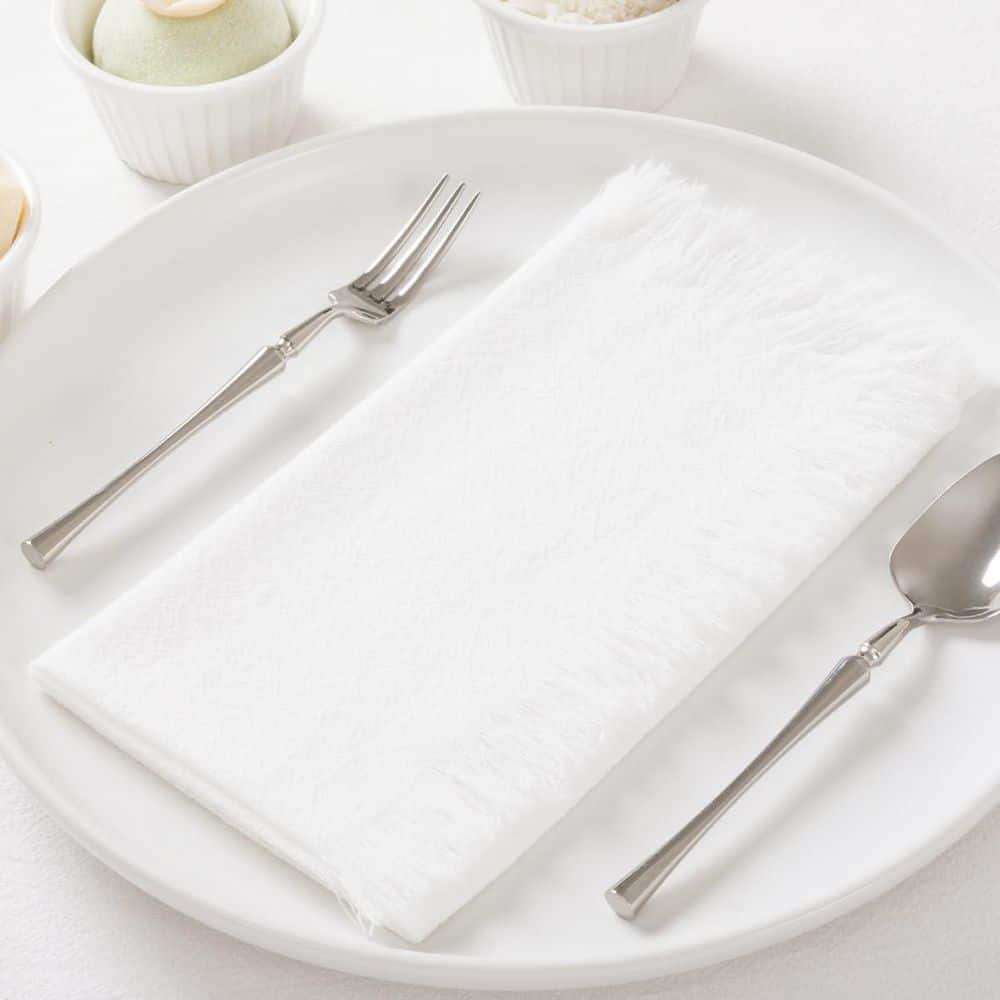 17 x 17 in. Ivory White Cotton Linen Napkins with Fringe White Cloth Napkins (Set of 6) - Hercitys