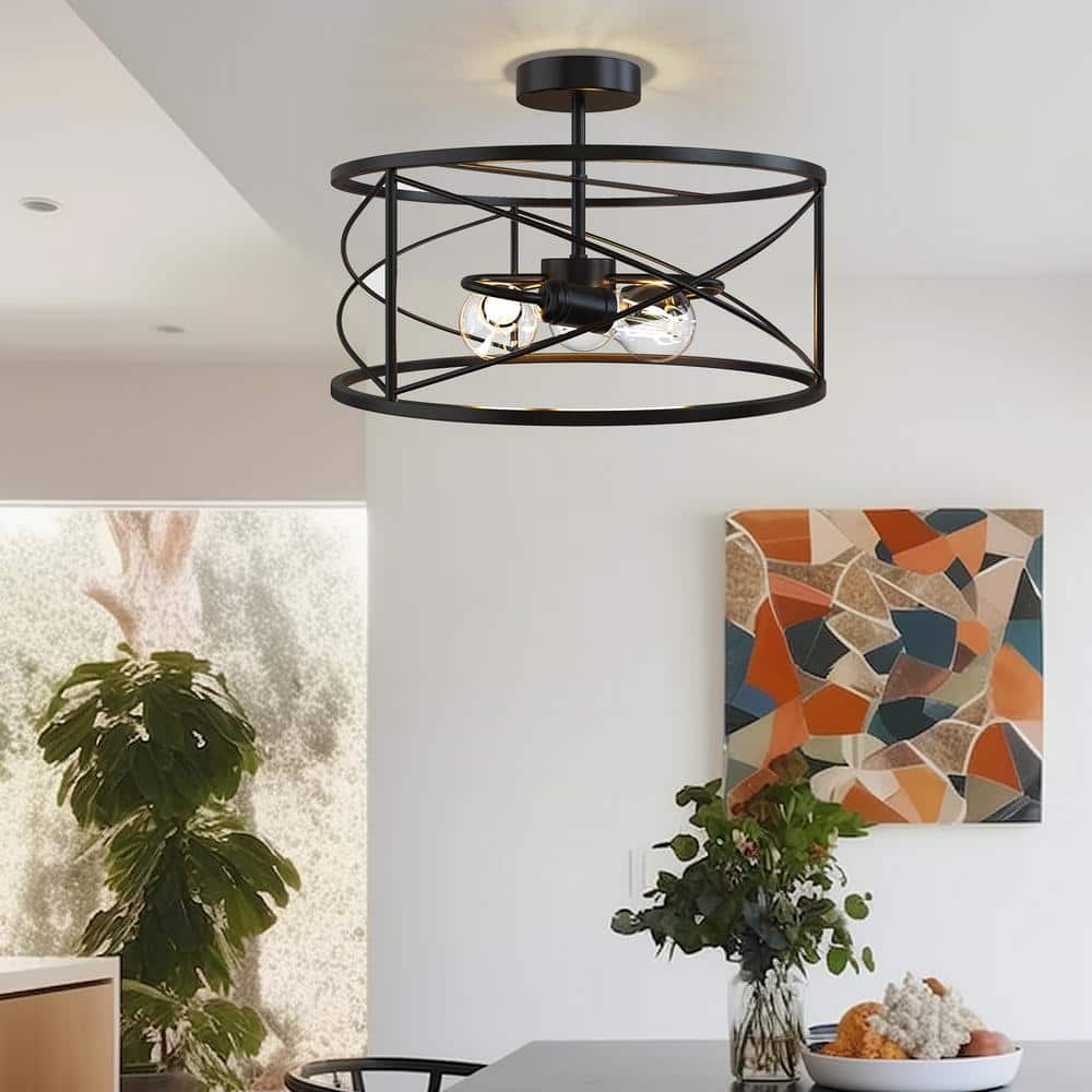 14.75 in. Matte Black 3-Light Farmhouse Flush Mount Ceiling Light, Retro Industrial Drum Cage for Bedroom and Hallway - Hercitys