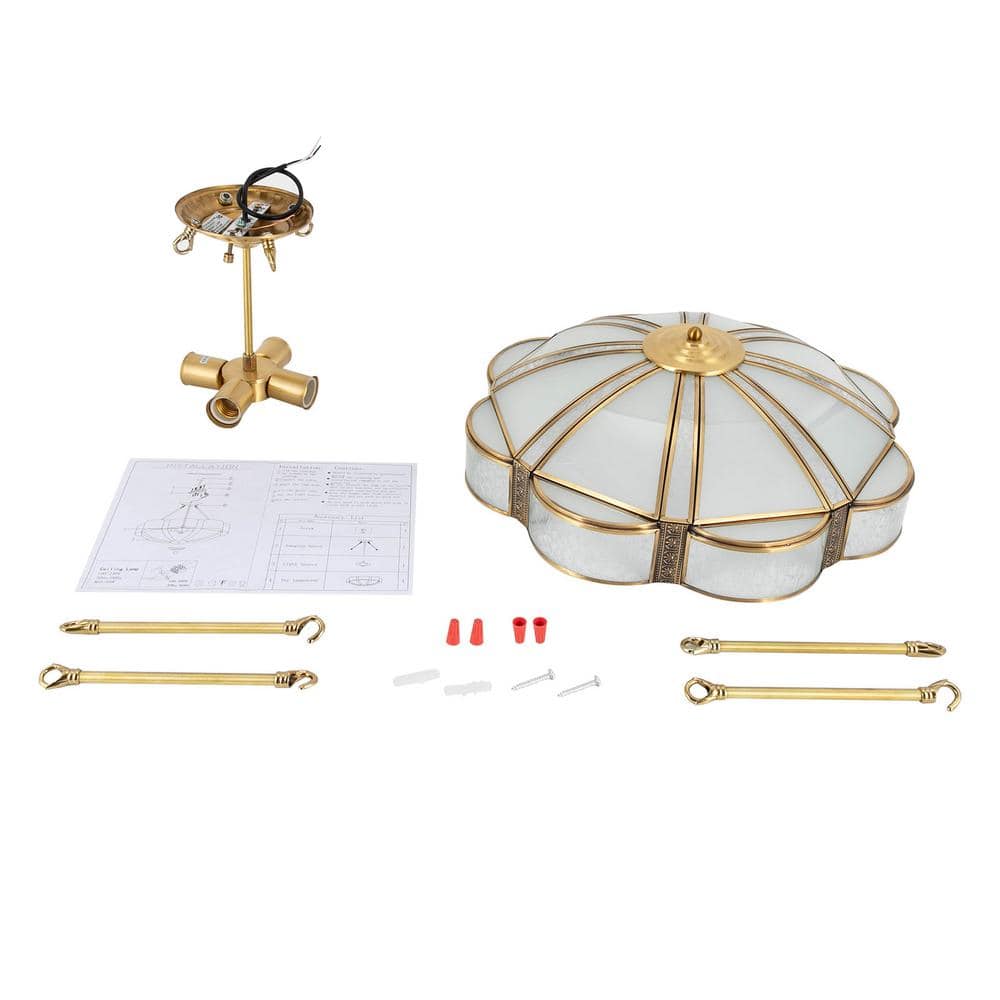 17.71 in. 4-Light Gold Retro Flower-Shaped Semi-Flush Mount Ceiling Light with Glass Shade, No Bulbs Included - Hercitys