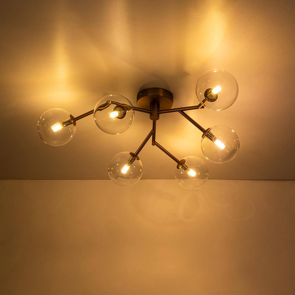 28.74 in. 6-Light Brushed Gold Mid-Century Modern Branch Bubble Globe Semi-Flush Mount Chandelier with Clear Glass Shade - Hercitys