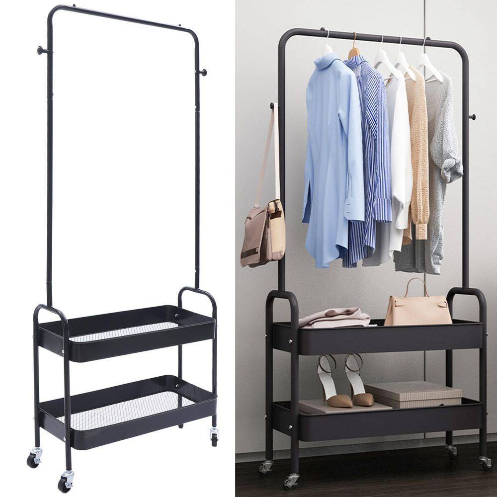 2-Tier Carbon Steel 4-Wheeled 2-In 1 Freestanding Garment Rack in Black - Hercitys