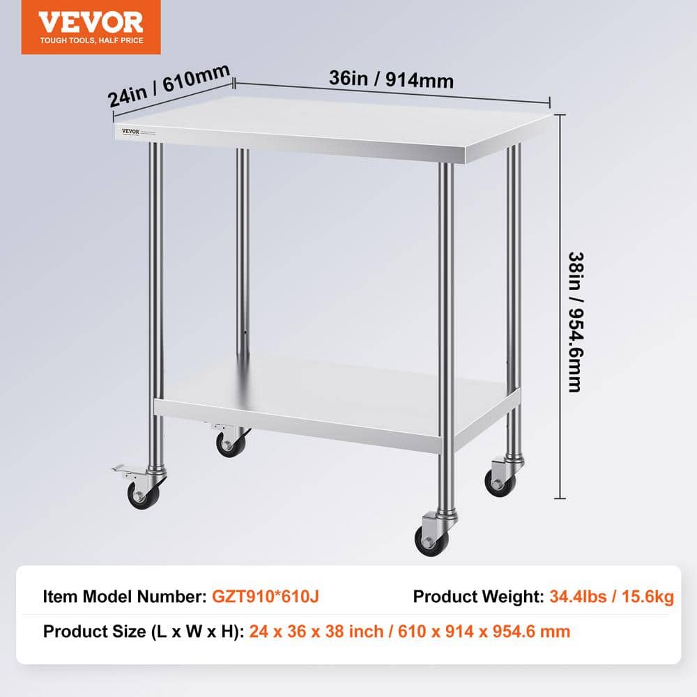 24 x 36 x 38 in. Stainless Steel Commercial Kitchen Prep Table with 4-Wheels 3-Adjustable Height Levels Silver - Hercitys