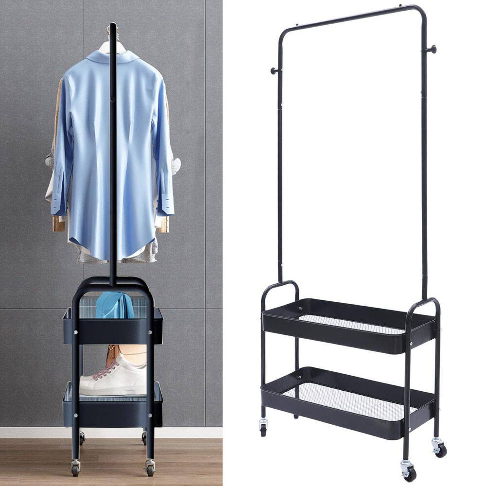 2-Tier Carbon Steel 4-Wheeled 2-In 1 Freestanding Garment Rack in Black - Hercitys
