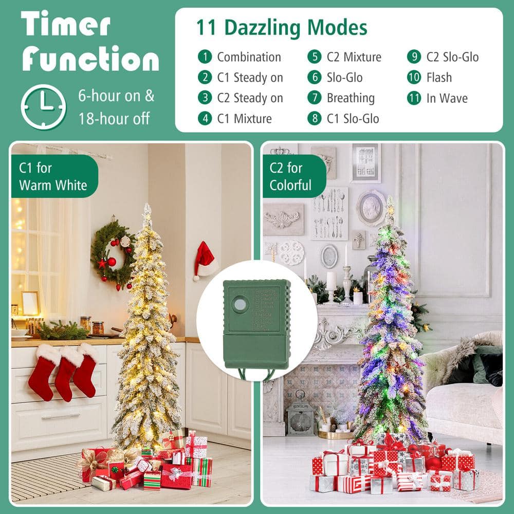 5 ft.Hinged Slim Prelit Snow-Flocked Artificial Xmas Christmas Tree with Stand - Hercitys