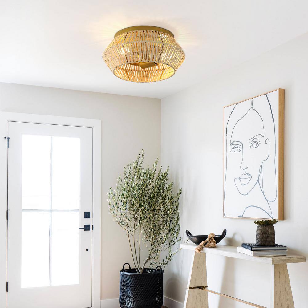 11.81 in. 2-Light Gold Farmhouse Woven Rattan Flush Mount Ceiling Light, No Bulbs Included - Hercitys