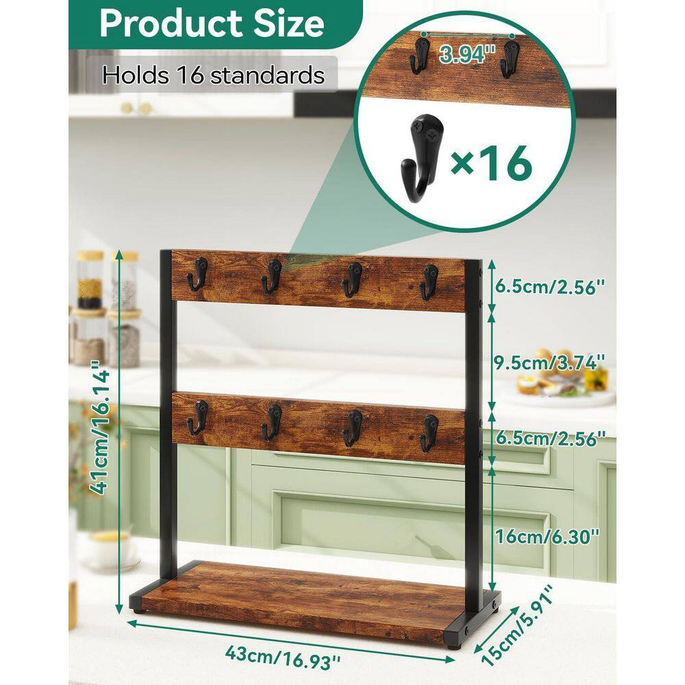 16 Hooks Metal Wood Coffee Mug Tree Holder for Countertop with Storage Base for Home Kitchen, Rustic Brown - Hercitys