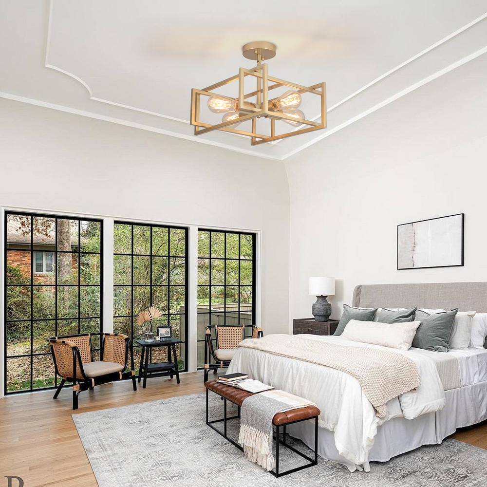 14.96 in. 4-Light Geometric Gold Modern Semi-Flush Mount Ceiling Light with No Bulbs Included - Hercitys